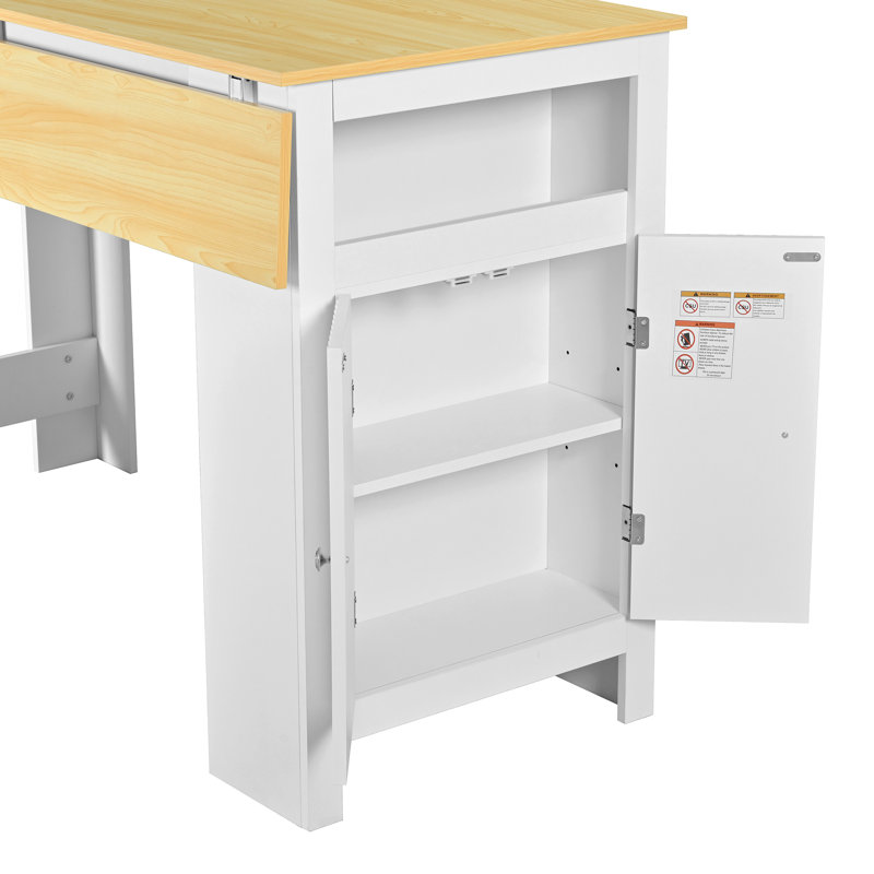 Îlot de cuisine pliable moderne de 137 cm avec armoire de rangement, table de bar avec crochets latéraux et étagères réglables pour salle à manger