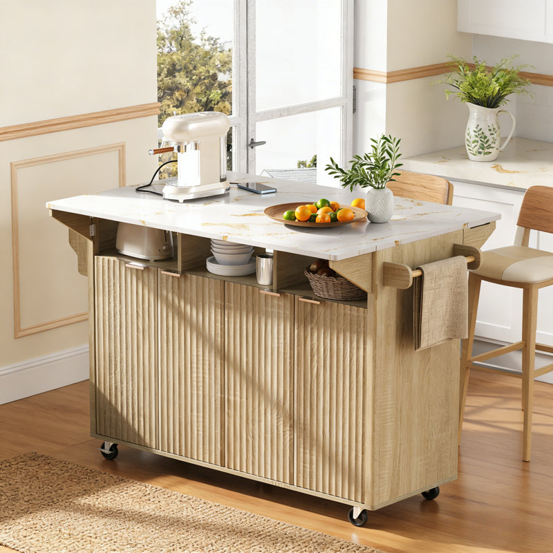 Fluted Kitchen Island With Drop Leaf, Power Outlet, Towel Rack, Spice Rack And Open Compartment, Natural