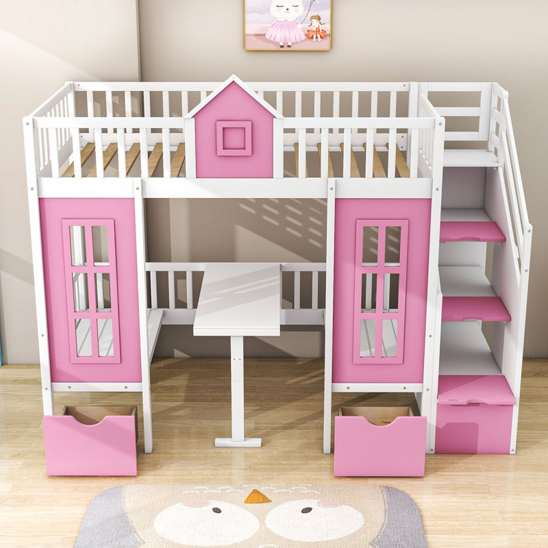 Haideh Kids Bunk Bed with Drawers, White/Pink, Twin over Twin