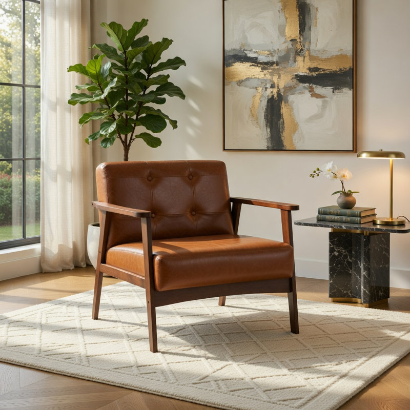 Chaise d'appoint à structure en bois d'hévéa avec accoudoirs pour le salon, Noyer