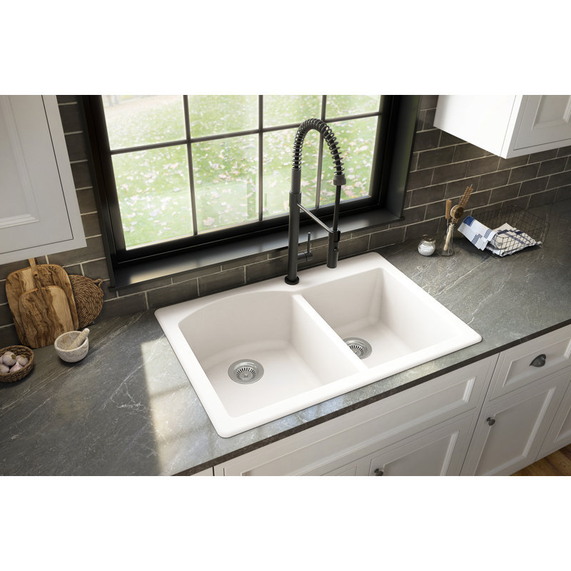 Karran Drop-in Quartz Composite 33'' X 22'' 1-Hole 60/40 Double Bowl Kitchen Sink, White