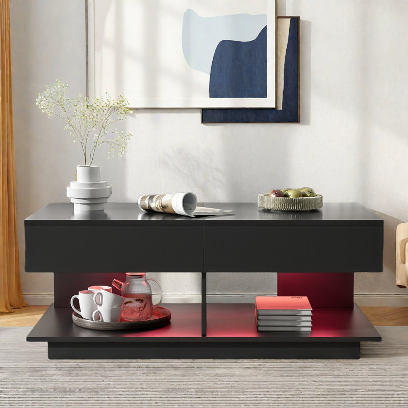 Table basse extensible avec plusieurs compartiments de rangement, bande à DEL de 16 couleurs et base robuste, Noir