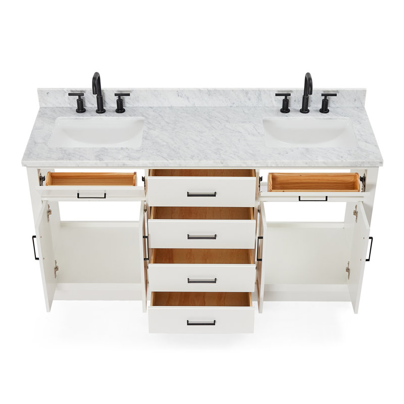 Tidworth Solid Wood Double Bathroom Vanity with 1.5'' Carrara Marble Top, Rectangular, White, 67"