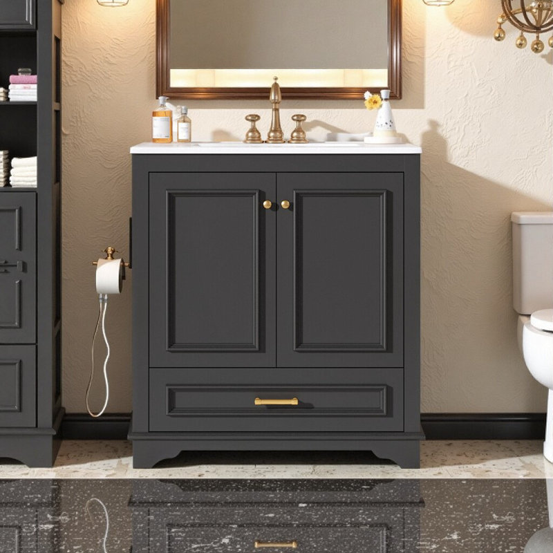 Meuble-lavabo moderne de 30 po avec lavabo en céramique | Portes à fermeture douce et tablette de rangement réglable, Noir