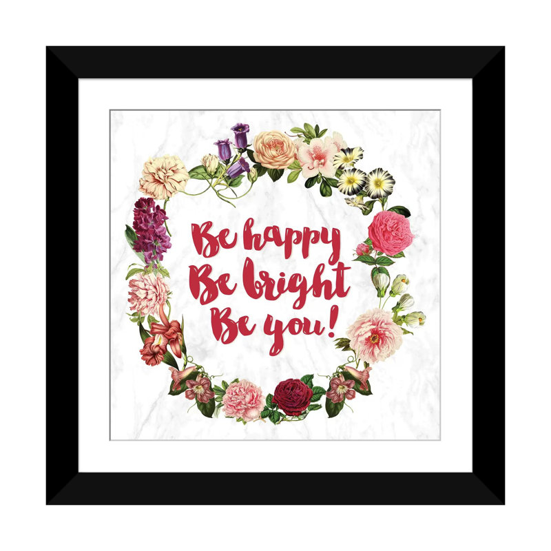 «Be Happy», impression sur toile, H 16 po x l 16 po x P 1 po, Papier beaux-arts encadré noir, Blanc