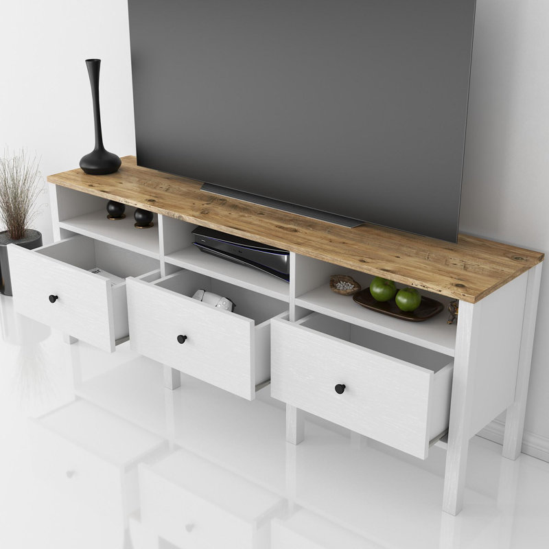 Modern Scandinavian TV Stand, 59.0 x 22.4 x 13.8 inches | 100% Chipboard with MDF Frame, 0.7 inches Thick | Elegant Wooden & White Finish, Metal Handle, Perfect for Living Room & Entertainment Spaces