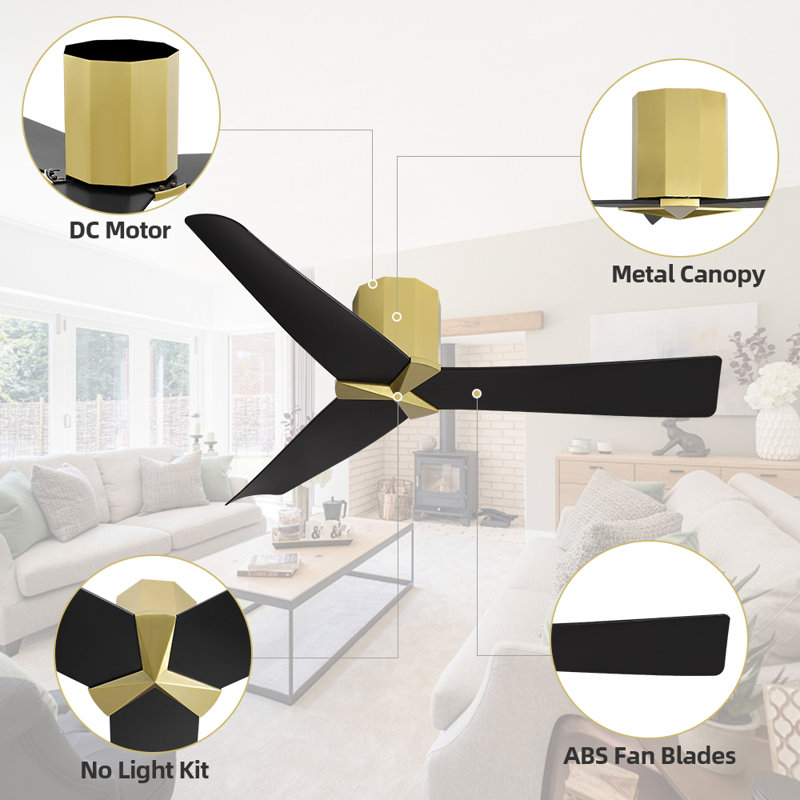 52 In. 3 Abs Blades Indoor Flush Mount Ceiling Fan Without Light, Gold, Black