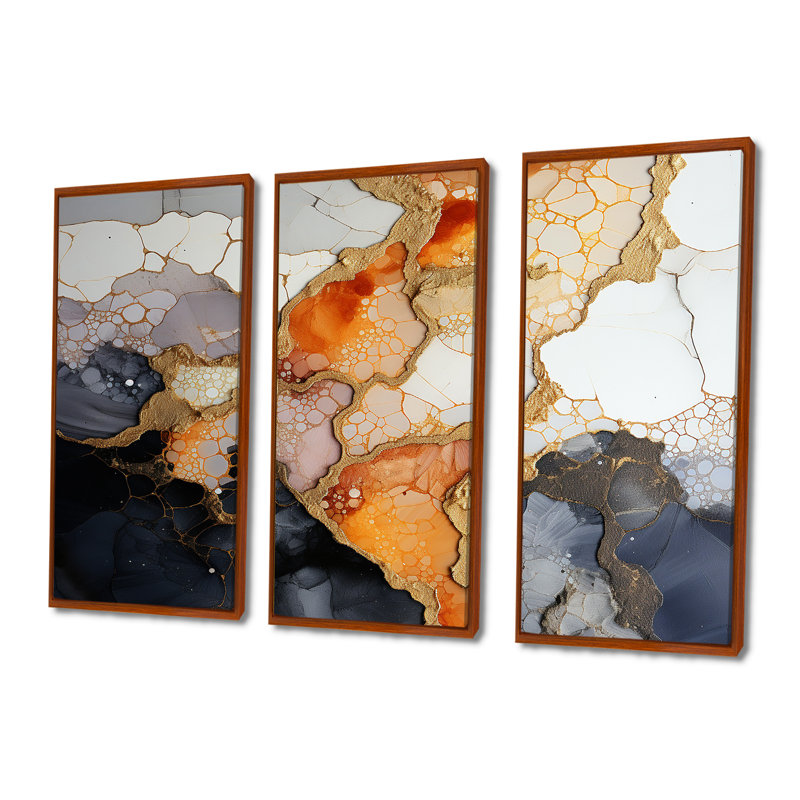 «Slab Structures» - ensemble d'art mural en marbre orange, blanc et noir, H 28 po x l 36 po x P 1 po, Cadre flottant brun