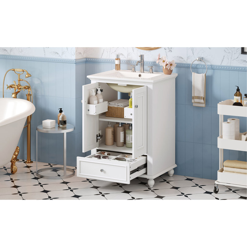 Meuble-lavabo 24 po avec lavabo en céramique, armoire de rangement avec portes à fermeture douce, armoire de salle de bain avec tiroir et séparateurs de tiroir