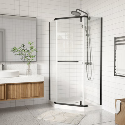 Frameless Corner Shower Door, 34.75 in. x 72 in Pivot Shower Enclosure with Adjustable Width, Neo-Angle Corner Shower Enclosure with 1/4" Clear Tempered Glass, Matte Black, Base Not Included