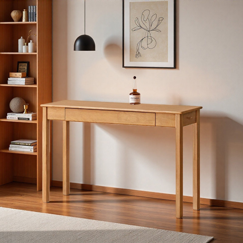 Light brown rubberwood solid wood writing desk, 29.52" H x 43.3" W x 15.74" D