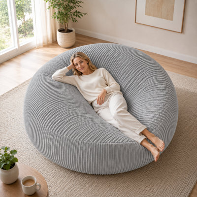 Pouf rond surdimensionné de 1,80 m en velours côtelé à larges rayures, grand canapé-pouf ergonomique, fauteuil de détente en mousse haute densité pour salon et chambre à coucher