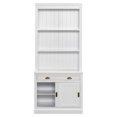83.4"Tall Bookshelf Suite With LED Lighting, Modern Bookcase Suite With Sliding Doors,Drawers And Open Shelves,Storage Bookshelf For Living Room,Home Office,White