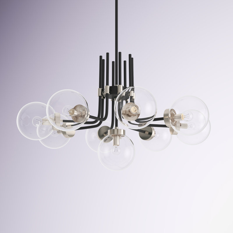 Lustre classique unique à 9 lumières Javene, Nickel brossé, Transparent