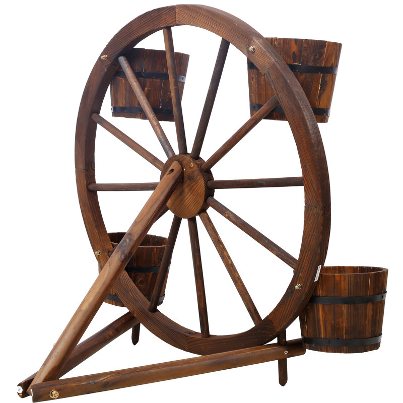 Boîte à fleurs en bois avec roue en forme de roue de chariot 