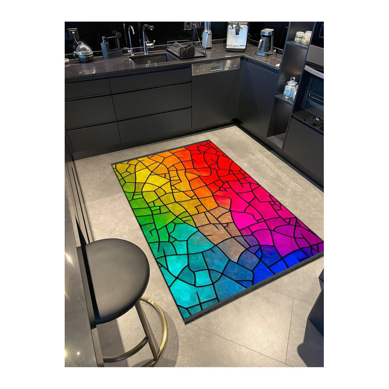 Tapis décoratif multicolore à motif géométrique en marbre à franges et lavable à la machine