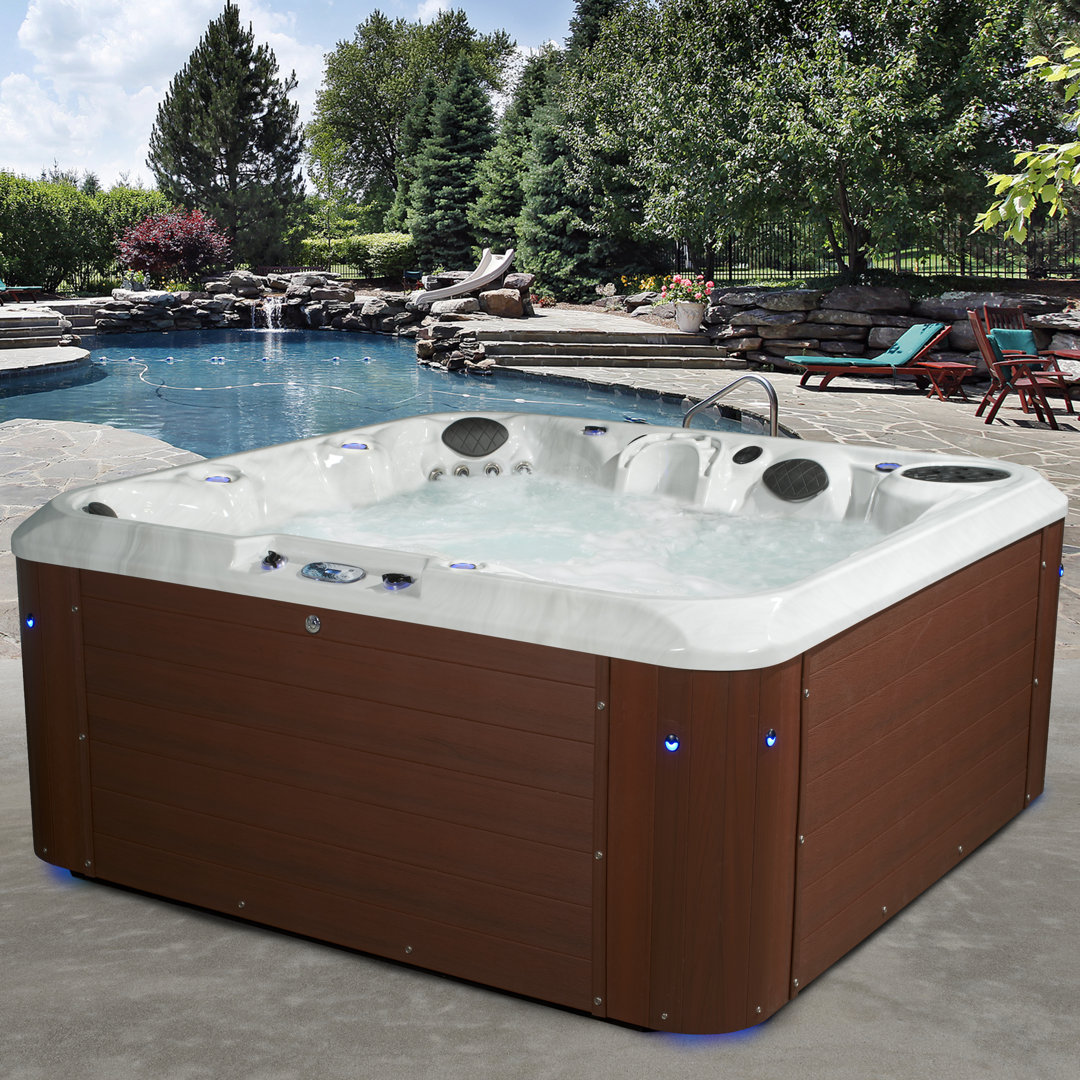 Amplified™ 6-Person 100-Jet Double-Lounger Hot Tub Spa with Bluetooth Stereo, 3 Pumps, LED Lighting, Stainless Steel Heater and Ozonator, Insulated Cover and Steps Included Aqualife® by Strong Spas® 
