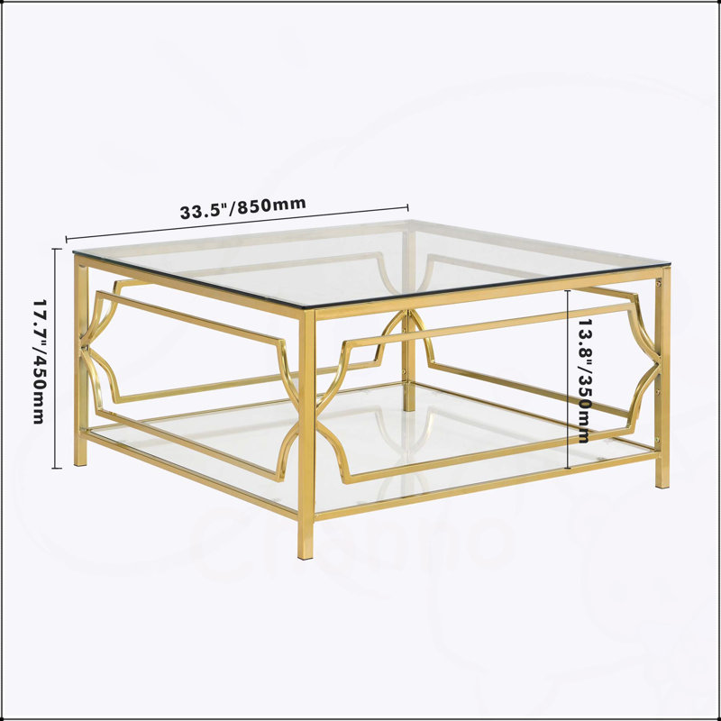 Table basse carrée en verre avec cadre luxueux en métal géométrique, finition dorée et tablette inférieure pour des espaces de vie élégants