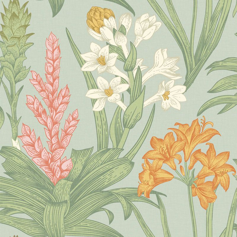 Jade and Pink Blooming Villa Peel and Stick Wallpaper, Noir