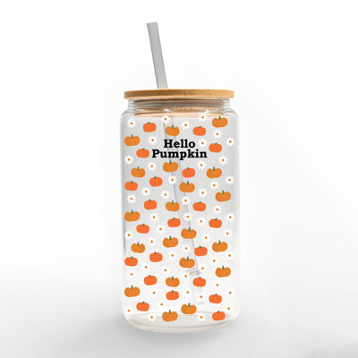 Hello Pumpkin Daisy Pattern Glass Can Cup With Lid and Straw