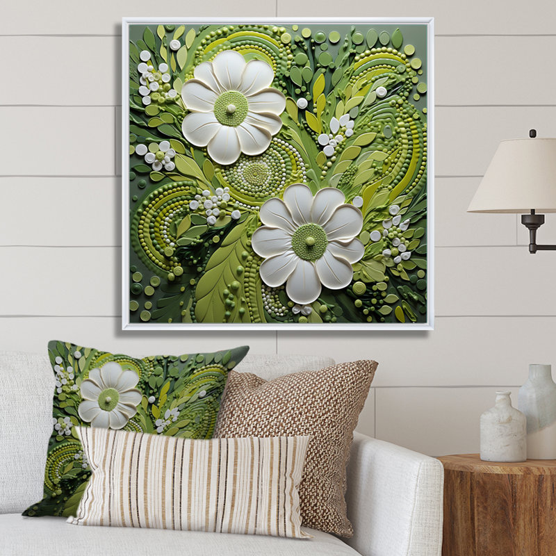 Fougères vert clair fantaisiste - Spirales II - impression, H 24 po x l 24 po x P 1 po, Cadre flottant blanc