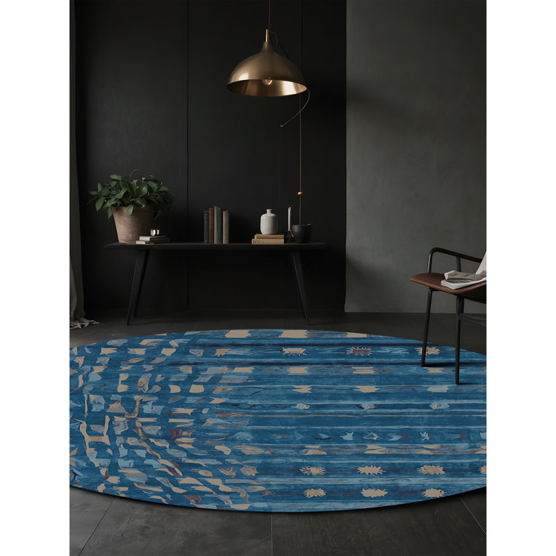 Machine Washable Blue Area Rug, Round 6'
