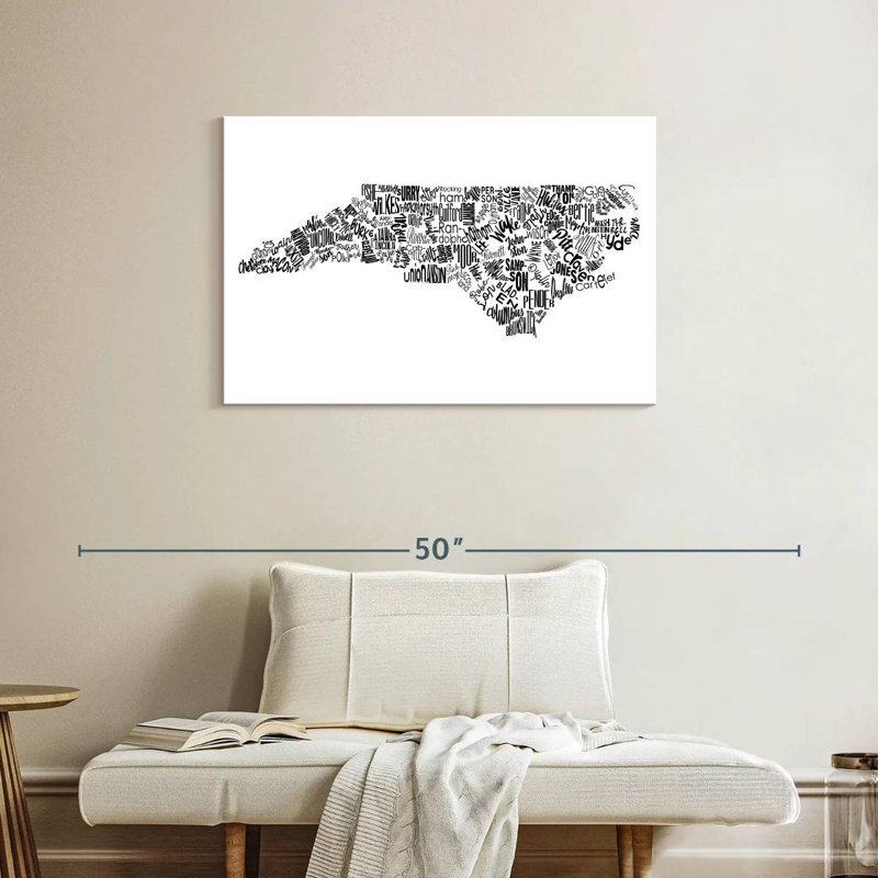 North Carolina Map Typography, 24" H x 36" W