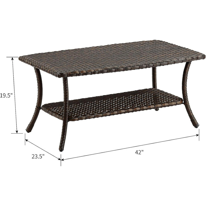 Outdoor Wicker Coffee Table, Patio Coffee Table With 2-Tier Storage Shelf With PP Board For Patio Conversation Set
