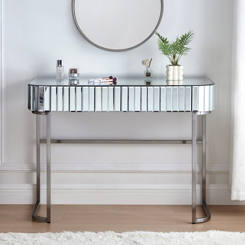 Coiffeuse à miroir 39 "avec base en acier inoxydable, 2 tiroirs, Argent argent