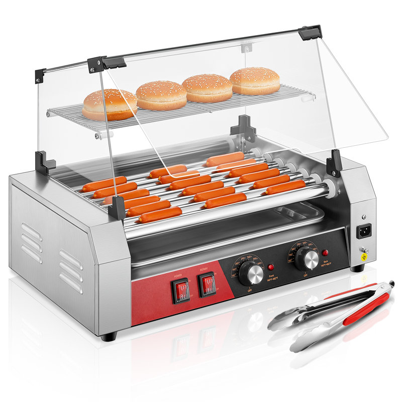 Hot Dog Roller 7 Rollers 18-24 Hot Dogs Capacity, 1050w Stainless Steel Hot Dog Machine With Bun Warmer Shelf, Dual Temp Control, Glass Cover, Removable Tray For Commercial And Party