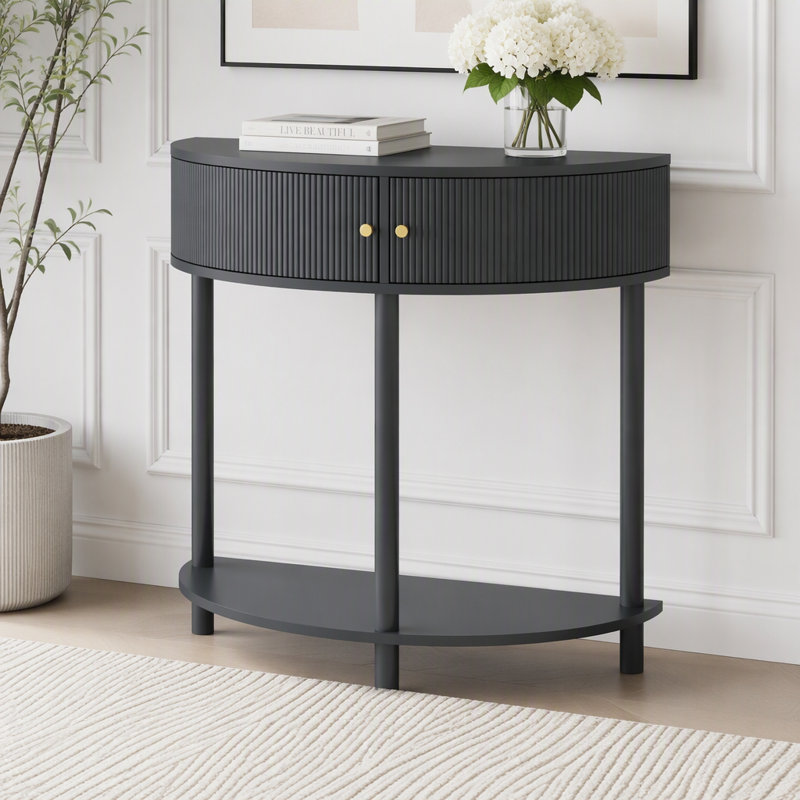 Console Table de bout demi-lune avec 2 tiroirs de rangement et tablette inférieure pour le salon, la chambre à coucher, le bureau et le couloir