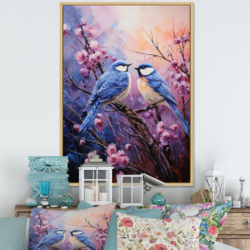 Impression sur toile - Chardon mauve et oiseaux bleus, H 44 po x l 34 po x P 1,5 po, Cadre naturel flottant