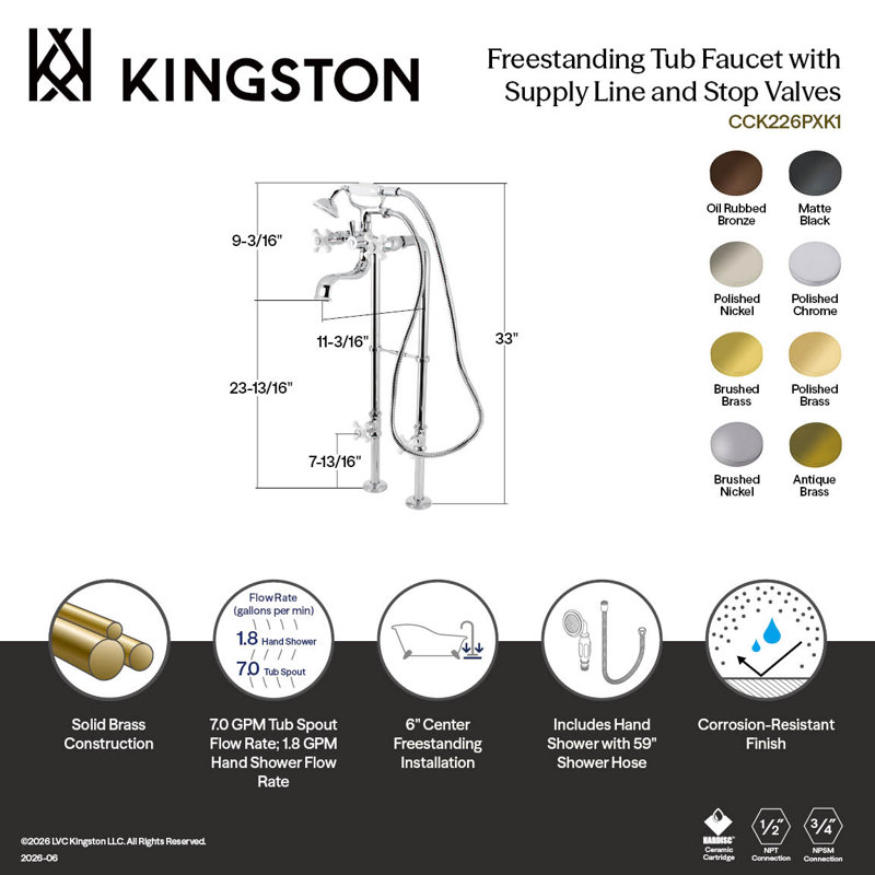 Kingston Brass Kingston Three-Handle 2-Hole Freestanding Clawfoot Tub Faucet Package with Supply Line and Stop Valve