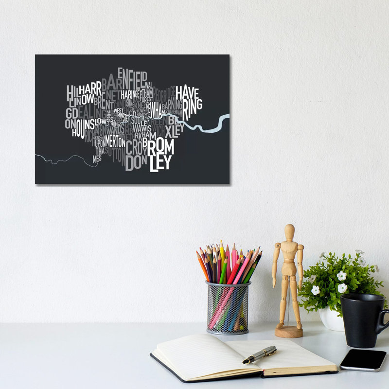 London Text Map by Michael Tompsett - 1 Piece Wrapped Canvas Wall Art, 20.32 cm H x 30.48 cm W