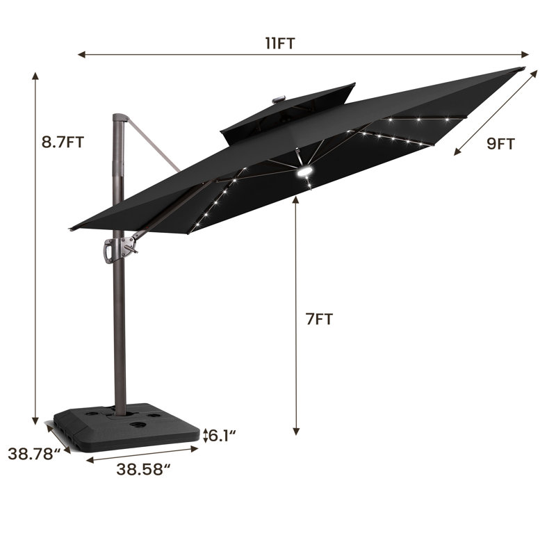 Parasol extérieur rectangulaire en porte-à-faux à DEL 129 po x 105 po, poids comptoir inclus, Noir