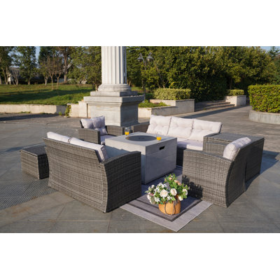 Small Firepit With 1503 Wicker 7 - Person Patio Conversation Set with Cushions