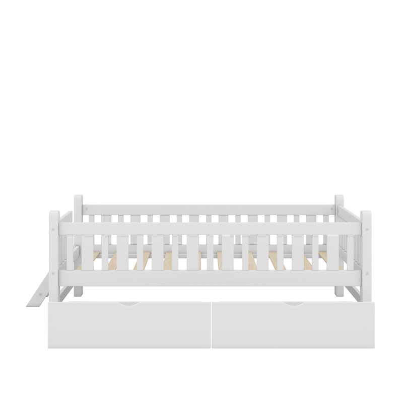 Lit plateforme simple en bois avec tiroirs et garde-corps, Blanc