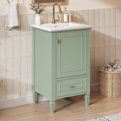 Meuble-lavabo de 20 po avec lavabo en céramique, pieds en bois massif, meuble-lavabo autoportant avec armoire de rangement, tiroirs et portes à fermeture en douceur, support de rangement