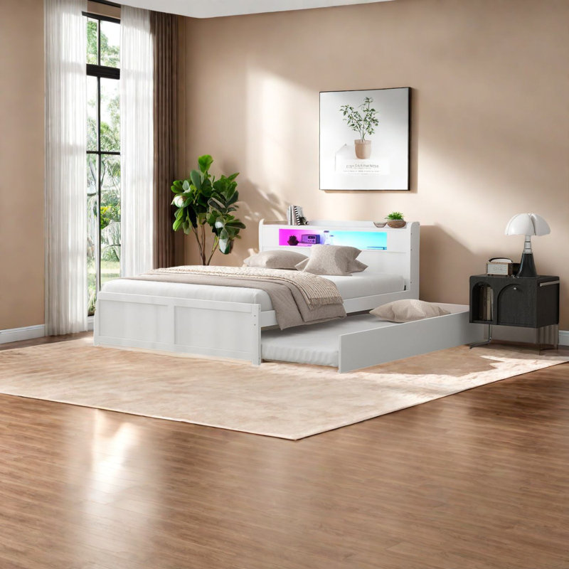 Lits de rangement modernes en bois avec DEL, lit gigogne et tiroirs, blanc