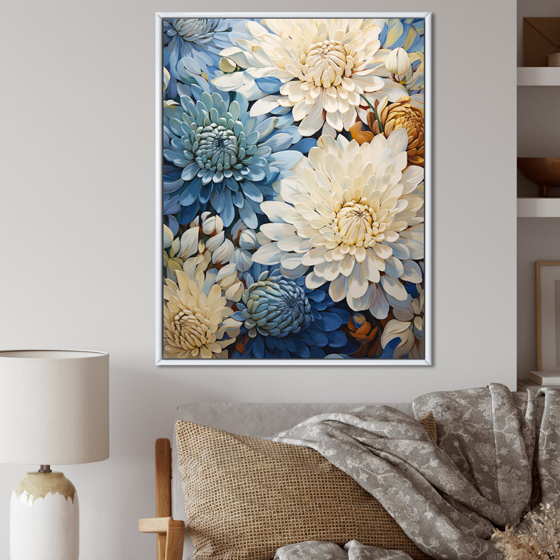 «Simplicity Mums Bloom» en beige et bleu discret VII sur toile, Cadre flottant blanc, H 32 po x l 16 po x P 1 po