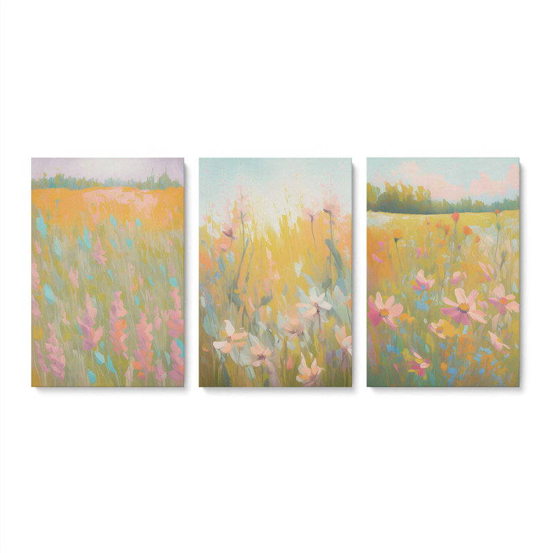 Ensemble de 3 symphonie de prés pastel, Toile tendue, H 18 po x l 36 po