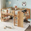 Lit mezzanine double en bois massif avec bibliothèques, tiroirs, boîtes, bureau intégré et tableau noir, lit pour enfant fonctionnel tout-en-un, aucun sommier nécessaire