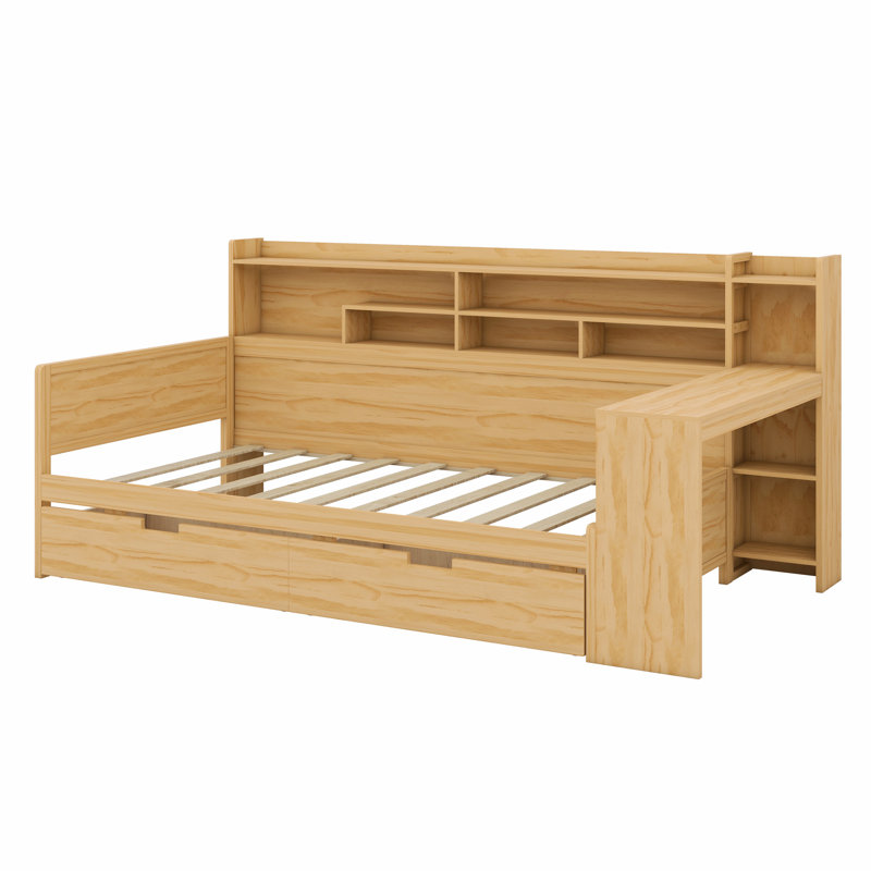Lit de jour avec tablettes de rangement, lit multifonctionnel avec deux tiroirs de rangement et bureau d'étude