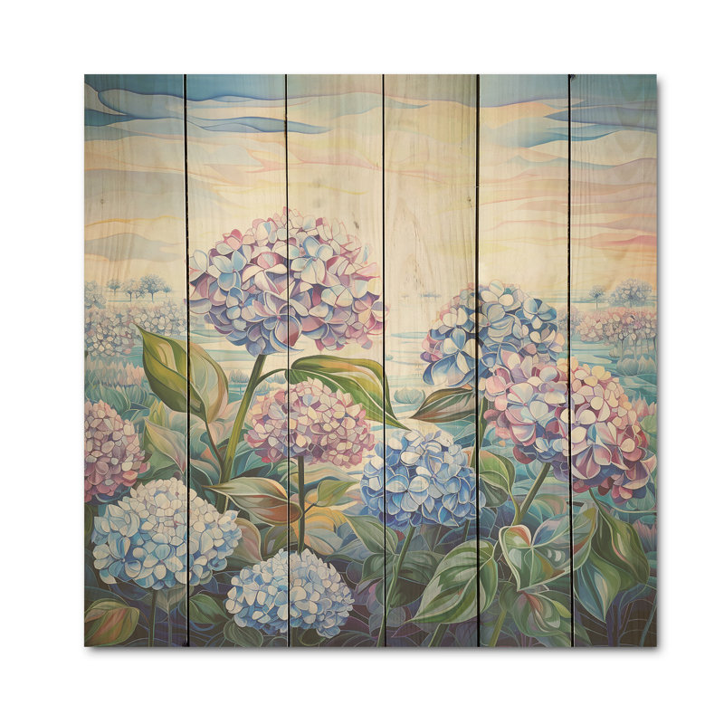 Hortensia mauve par The Late I - Art mural en bois sur fond de bois de pin naturel, H 36 po x l 36 po