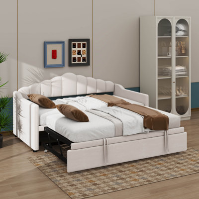 Upholstered Twin Daybed with Height-Adjustable Pop-Up Trundle, USB & Type-C Ports