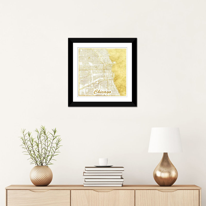 « chicago gold feuille urban blueprint map », reproduction d’impression sur toile, H 16 po x l 16 po x P 1 po, Blanc