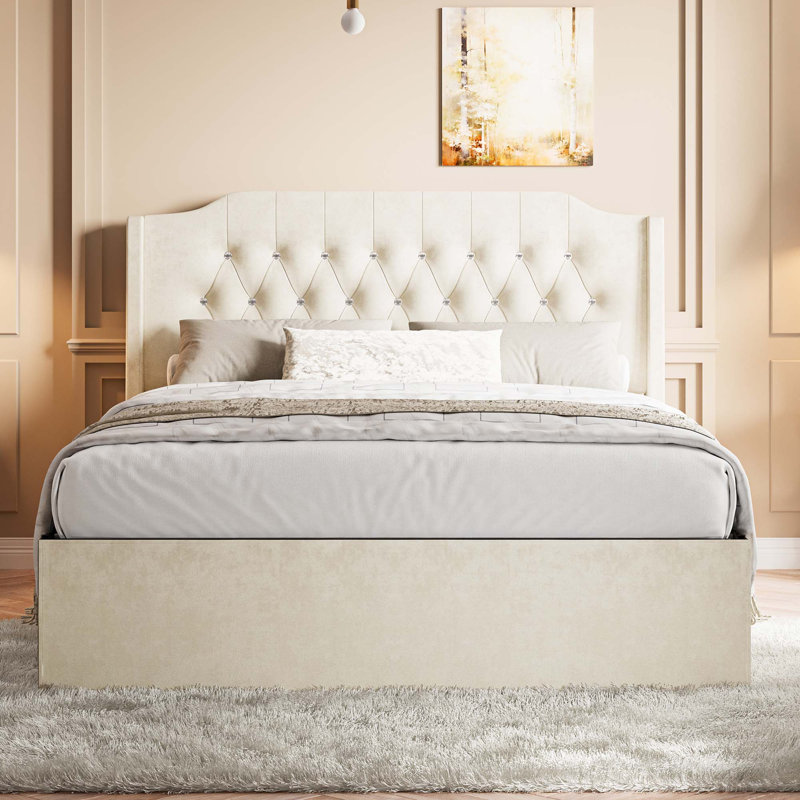 Structure de lit tapissier pour grand lit avec détails en cristal, Beige