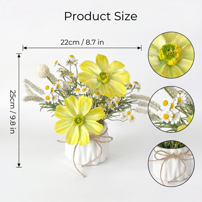 Arrangement de table de fleurs artificielles réalistes de 9,8 po avec pot en céramique blanche, Jaune