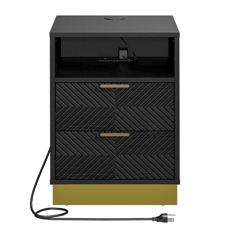 Vicky Modern Nightstand With Wireless Charging, 2 Drawers, Ac Outlet And Usb Port - Black Wood Grain With Gold Accents