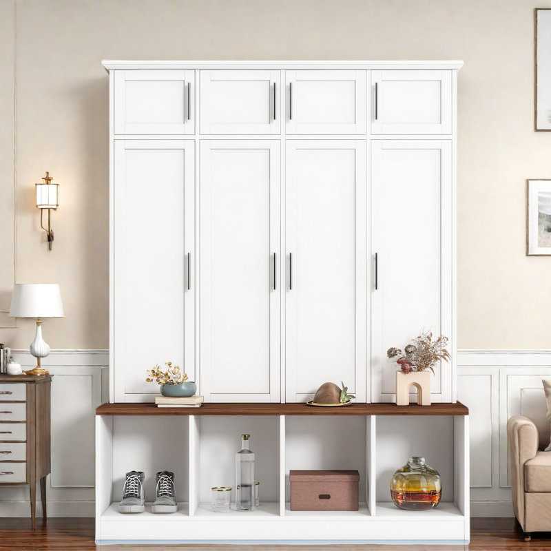 Arbre d'entrée Pastorino de 59,11 po de largeur avec banc et rangement pour chaussures, armoire d'entrée avec compartiments ouverts pour le salon, couloir